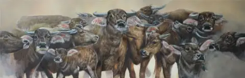 ベトナムの水牛の群れのパノラマアート作品